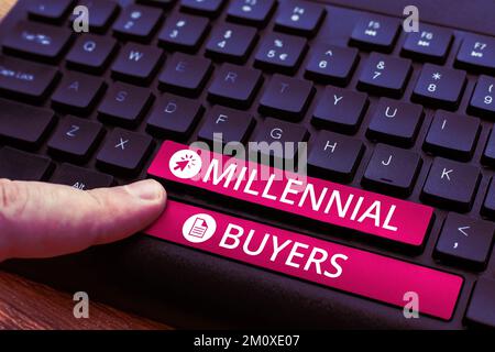 Schild mit den Millennial Buyers. Konzeptfoto Typ der Verbraucher, die an Trendprodukten interessiert sind Stockfoto