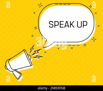 Ich spreche lauter. Megafon und farbenfrohe gelbe Sprechblase mit Zitat. Blogmanagement, Bloggen und Schreiben für die Website. Konzeptposter für Soziales Stock Vektor