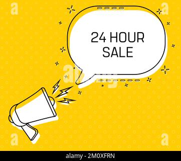 24-Stunden-Angebot. Megafon und farbenfrohe gelbe Sprechblase mit Zitat. Blogmanagement, Bloggen und Schreiben für die Website. Konzeptposter für Soziales Stock Vektor