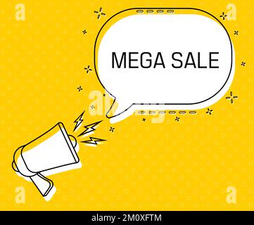 Mega-Sale. Megafon und farbenfrohe gelbe Sprechblase mit Zitat. Blogmanagement, Bloggen und Schreiben für die Website. Konzeptposter für Soziales Stock Vektor