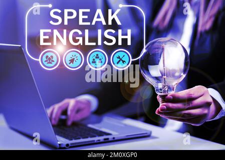 Die vorgestellte Textunterschrift spricht Englisch. Konzeptfoto Studieren Sie eine andere Fremdsprache Online-verbale Kurse Stockfoto