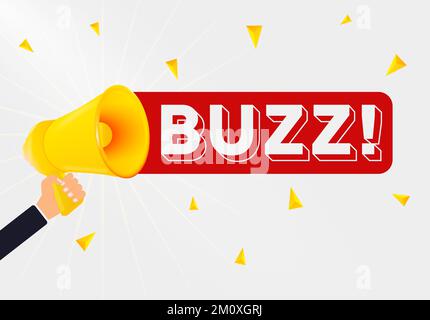 Ein Mann hält Megafon und das Wort Buzz in der Nähe des Tisches. Ich bitte um Hilfe Stock Vektor