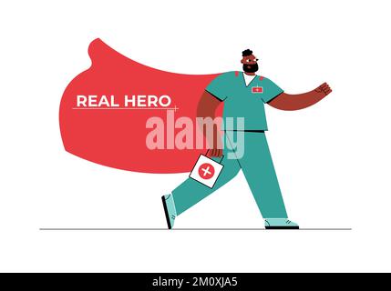 Vector Flat-Design-Illustration mit Super man Doctor in rotem Umhang, der zu Hilfe eilen will. Stock Vektor
