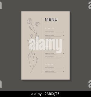 Handgemalte Restaurantkarte im Busho-Stil zum Mittagessen mit Blütenblumen und Text. Stock Vektor