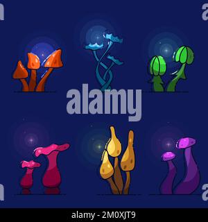 Cartoon Farbe Fantasy Pilze auf dunkelblauem Hintergrund. Sechs verschiedene Bausätze heller Pflanzen. Stock Vektor