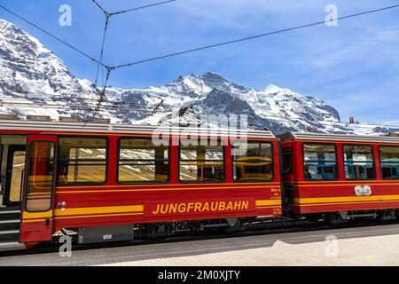 Zugfahrt der Jungfraubahn mit Schnee und Gletscher bedeckten Junfrau Berggipfel im Hintergrund. Stockfoto