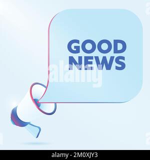 Guter Nachrichtentext mit realistischer 3D-Megafon-Vektordarstellung. Bannervorlage zur Ankündigung von Neuigkeiten zum Webinar in sozialen Medien, Schulungskurs Stock Vektor