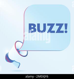 Buzz Text mit realistischer 3D-Megafon-Vektordarstellung. Bannervorlage zur Ankündigung von Neuigkeiten über Webinare in sozialen Medien, Schulungen und Marketing Stock Vektor