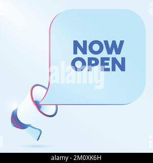 Öffnen Sie nun den Text mit der 3D-Darstellung des realistischen Megafon-Vektors. Bannervorlage zur Ankündigung von Neuigkeiten zum Webinar in sozialen Medien, Schulungskurs Stock Vektor