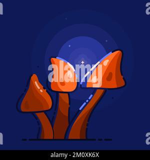 Märchen mit magischen Pilzen auf dunklem Hintergrund. Geheimnisvolles und wunderschönes Licht mit Glühwürmchen. Stock Vektor