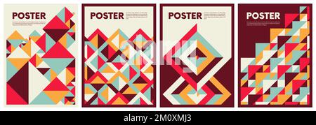 Farbenfrohes Muster in einem trendigen, flachen Tracery Square, von Bauhaus inspirierte Vektordarstellung, minimalistische abstrakte Kunst mit geometrischen Formen, neuer Modernismus Stock Vektor