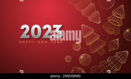 2023 Frohe Neujahrsfeier auf rotem Hintergrund mit glitzernden goldenen Konfetti, goldenen dekorativen Drahtmodellen, 3D geometrischen Formen, Weihnachtsbaum und Stock Vektor
