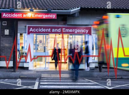 Krankenwagen außerhalb von Unfall und Notfall am NHS Krankenhaus. England, Großbritannien. Konzept Stockfoto