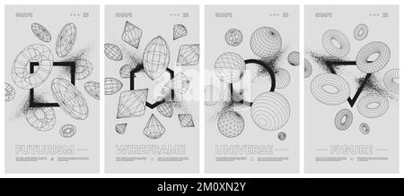 Geometrische Formen mit Partikelspray-Effekt, Drahtdarstellung seltsame geometrische Figuren, zeitgenössische Komposition Kunstwerke abstrakte Vektorset-Poster Stock Vektor