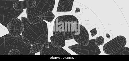 Seltsame abstrakte moderne Drahtmodelle geometrische 3D-Formen, grafische Komposition Design Vektorhintergrund, monochrome Komposition von Figuren verschiedener s Stock Vektor