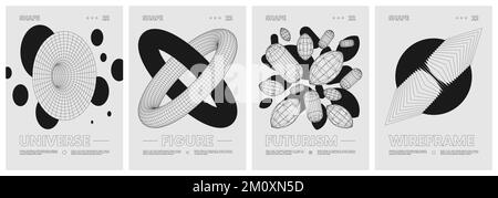 Seltsame Drahtmodelle mit geometrischen Formen und schwarzen geometrischen Figuren, modernes Design, inspiriert von Brutalismus, zeitgenössische Kunstwerke, abstraktes Schwarzweiß-Design Stock Vektor