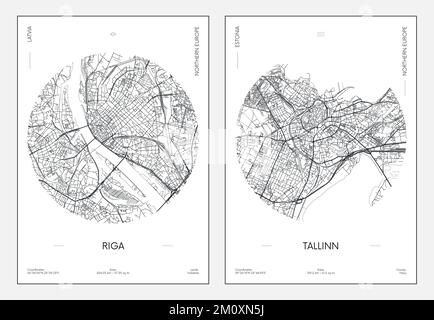 Reiseposter, Stadtplan Stadtplan Riga und Tallinn, Vektordarstellung Stock Vektor