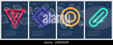 Zeitgenössische Kunstwerke mit merkwürdigen Drahtmodellen geometrischer Formen und farbigen geometrischen Figuren, modernes Design, inspiriert von Brutalismus, abs Stock Vektor