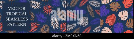 Nahtloses Muster mit bunten Tropen- und Dschungelblättern, Zweigen und verschiedenen Pflanzen auf dunklem Hintergrund, Vektorzusammensetzung, Set 9 Stock Vektor