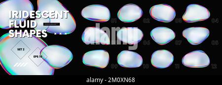 Holographisch schillernde 3D-Fluidformen, abstrakte, farbenfrohe, helle, flüssige, amorphe Regenbogenblasen, fluoreszierende Chamäleon-Gradientenvektorelemente von V Stock Vektor
