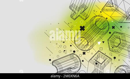 Structure Wireframes stellt retrofuturistischen abstrakten Gradientenhintergrund dar, Vektorposter mit seltsamen Drahtmodellen geometrischer Formen modernes Design in Stock Vektor