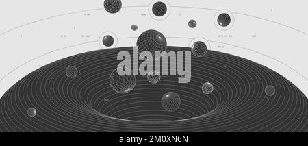 Seltsame abstrakte moderne Drahtmodelle 3D geometrische Formen, grafische Komposition Design Vektorhintergrund, fliegende Kugeln aus schwarzem Loch Wurmloch, Scientifi Stock Vektor