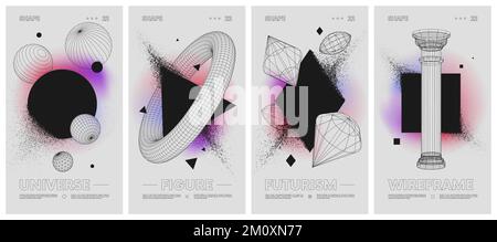 Geometrische Formen lösen sich in Staub auf einem verlaufenden Hintergrund auf, Drahtdarstellung seltsame geometrische Figuren, modernes Design inspiriert von Brutalismus, abstrakt ve ve Stock Vektor