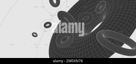 Seltsame, abstrakte, moderne Drahtmodelle 3D geometrische Formen, grafische Komposition, Vektorhintergrund, monochrome, chaotisch schwebende Figuren in den s Stock Vektor