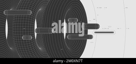 Seltsame abstrakte moderne Drahtmodelle 3D geometrische Formen, grafischer Designhintergrund, fliegende Zylinder durch Tori mit unterschiedlichem Tex Stock Vektor