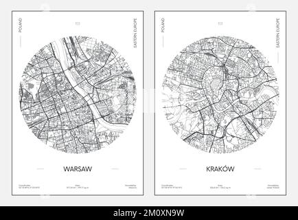 Reiseposter, Stadtplan Stadtplan Warschau und Krakau, Vektordarstellung Stock Vektor