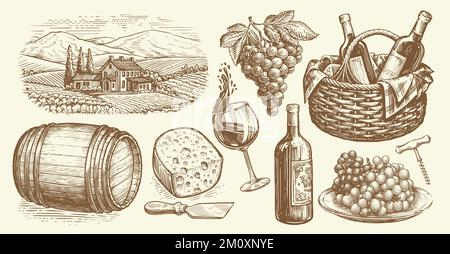 Weinberg, Holzfass, Glas und eine Flasche Wein, Trauben, Korkenzieher, ein Stück Käse, alte Skizze. Weingut-Set Stock Vektor