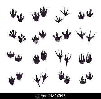 Silhoutte-Dinosaurier-Fußabdruck-Vektorset. Paläontologie, historischer Jahrgang. Paläontologische Dinosaurierspuren-Illustration. Stock Vektor