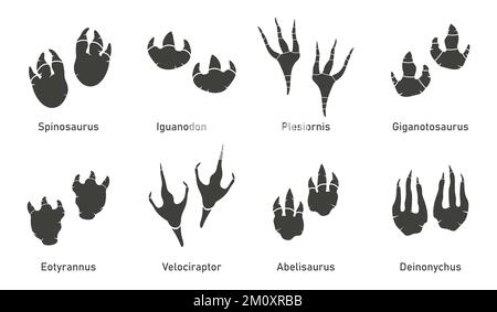 Silhoutte-Dinosaurier-Fußabdruck-Vektorset. Paläontologie, historischer Jahrgang. Paläontologische Dinosaurierspuren-Illustration. Stock Vektor