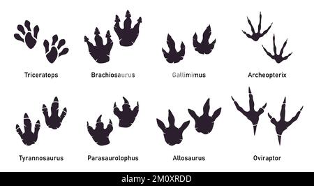 Silhoutte-Dinosaurier-Fußabdruck-Vektorset. Paläontologie, historischer Jahrgang. Paläontologische Dinosaurierspuren-Illustration. Stock Vektor
