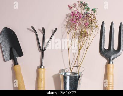 Gartenwerkzeuge zur Beetbearbeitung im Garten auf beigefarbenem Hintergrund. Draufsicht Stockfoto