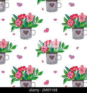 Helle, aus Acryl bemalte Blumenstrauß in einem Becher mit Herz. Illustration. Handgezeichnet. Muttertag, Hochzeit, Geburtstag, Ostern, Valentinstag. Stockfoto