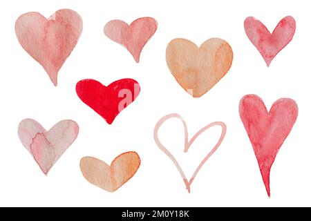 Ein Paar Aquarelle Herzen. Llustration. Handgezeichnete Elemente, isoliert auf weiß. Verpackungen, Tapeten, Postkarten, Grußkarten, Hochzeitseinladungen, RO Stockfoto