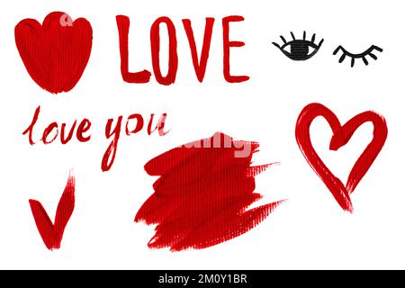 Handgezeichnete Acrylelemente für Design. Rote Inschrift Love, love you, flower, Check Mark, Herz und schwarze Augen, isoliert auf weiß. Süße Hand-dra Stockfoto