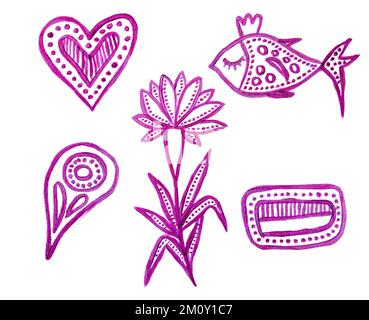 Handgezeichnetes Boho-Yoga-Set. Dekorative Illustration. Violette zentangle-Elemente. Herz, Fisch, Blume, abstrakte Formen. Isoliert auf weiß Stockfoto
