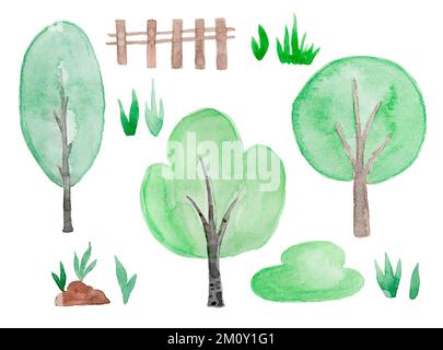 Handgezeichnete Aquarelle mit Bäumen, Blumenelementen, Gras und Zaun. Isoliert auf weiß. Natürliches, ökologisches Designelement. Illustration mit ClipArt Stockfoto