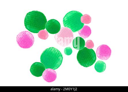 Handgezeichnete Aquarell-Grün- und Pink-Figur aus Kreisen, isoliert auf Weiß Stockfoto
