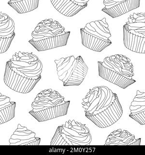 Cupcakes Schwarze Linie Vektormuster nahtlos Stock Vektor