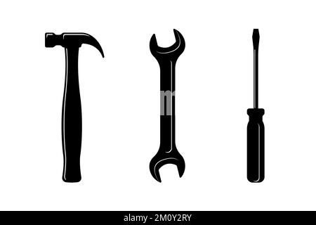 Schwarzer Symbolsatz für Hammer, Schraubendreher, Schraubenschlüssel oder Schraubenschlüssel. Handyman Tools Symbolsammlung für die Reparatur. Schilder mit dem Thema Wartungsservice. Piktogramme für die Bauindustrie. Vektordarstellung Stock Vektor