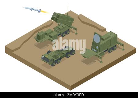 Isometrisches mobiles Boden-Luft-Raketensystem oder Raketensystem MIM-104 Patriot. Amerikanisches Boden-Luft-Raketensystem, entwickelt von Raytheon Stock Vektor