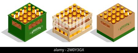 Isometrische Getränkekiste mit Bierflaschen. Isoliertes Bierpaket, alkoholisches Getränk Stock Vektor