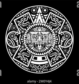 Heiliger Aztekenkalender Maya-sonnengott, Maya-Symbole ethnische Maske, weiße Tätowierung runder Rahmen altes Logo Symbol Vektor Illustration isoliert Stock Vektor