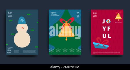 Frohe Weihnachten und frohes neues Jahr Set mit Grußkarten, Postern, Weihnachtseinlagen. Modernes Weihnachtsdesign in Blau, Grün und Rot. Weihnachtsbaum Stock Vektor
