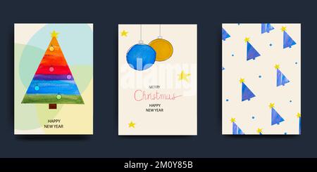 Frohe Weihnachten und frohes neues Jahr Set mit Grußkarten, Postern, Weihnachtseinlagen. Modernes Weihnachtsdesign in Blau, Grün und Rot. Stock Vektor