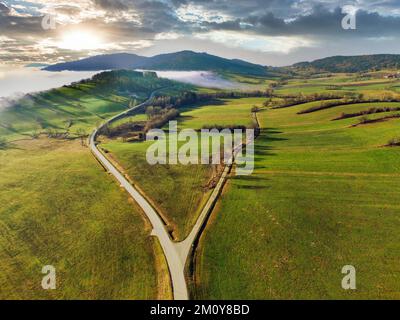 Luftaufnahme einer Gabel in einem Pfad auf einer idyllischen grünen Wiese mit einem Wald im Nebel im Hintergrund in der tiefliegenden Sonne Stockfoto