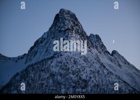 Halbmond neben Mykjetind, Mefjordvær, Senja, Norwegen Stockfoto